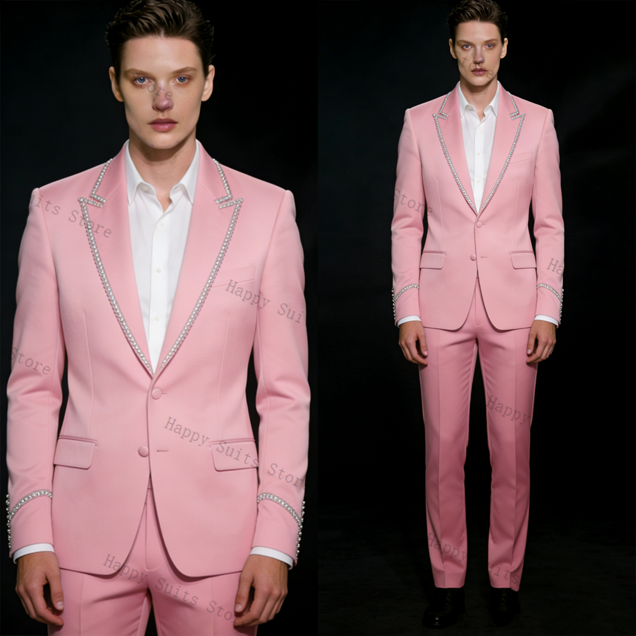 Men Formal Wear Pink - Pink Shiny Men Suit Set 2