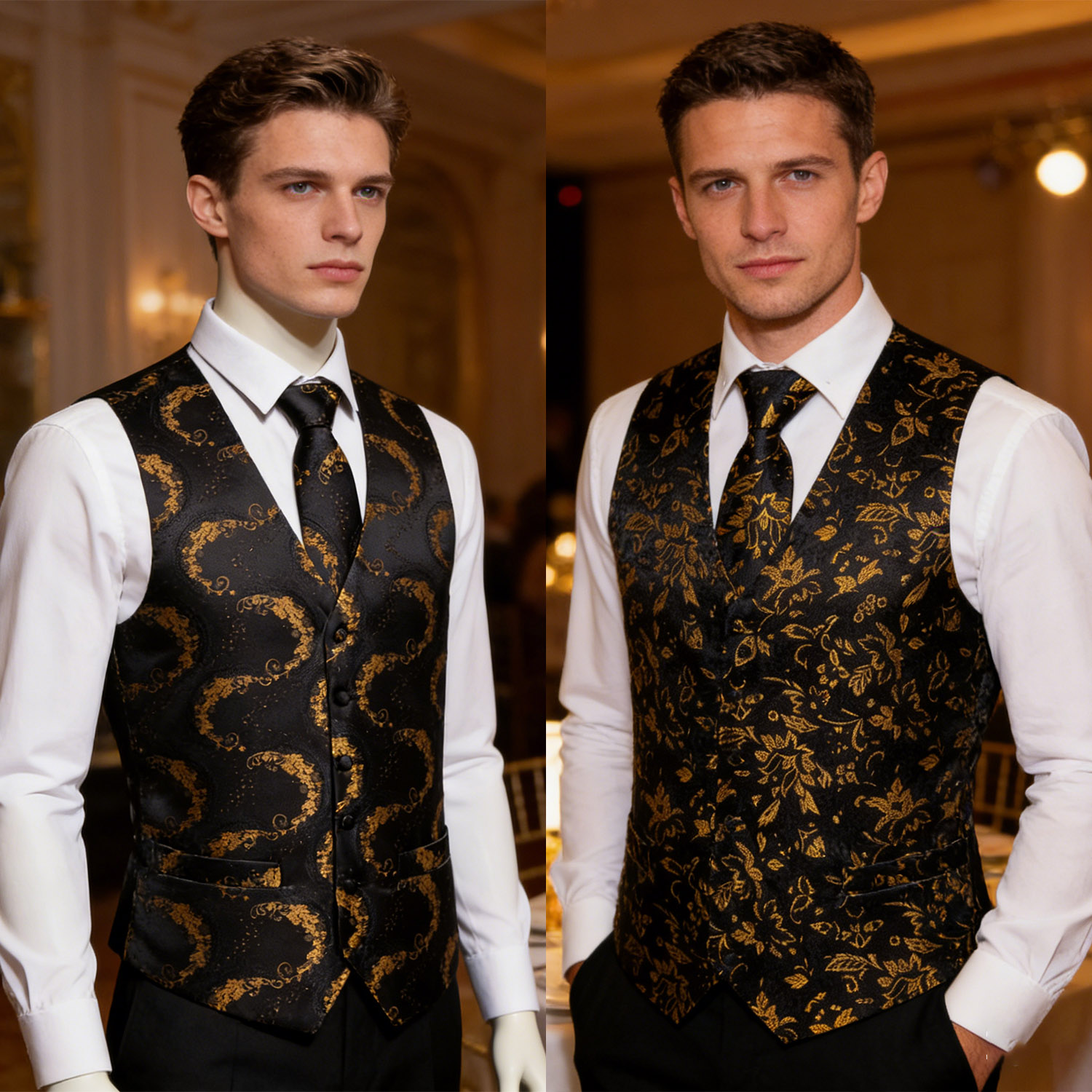 Men's Luxury Golden Black Flor - Formal Vest Waistcoat ulasan dan harga