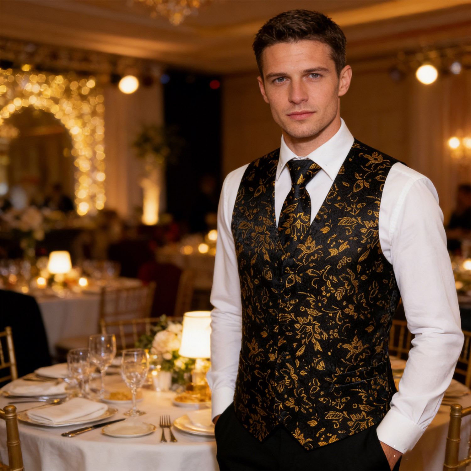 Men's Luxury Golden Black Flor - Formal Vest Waistcoat ulasan dan harga