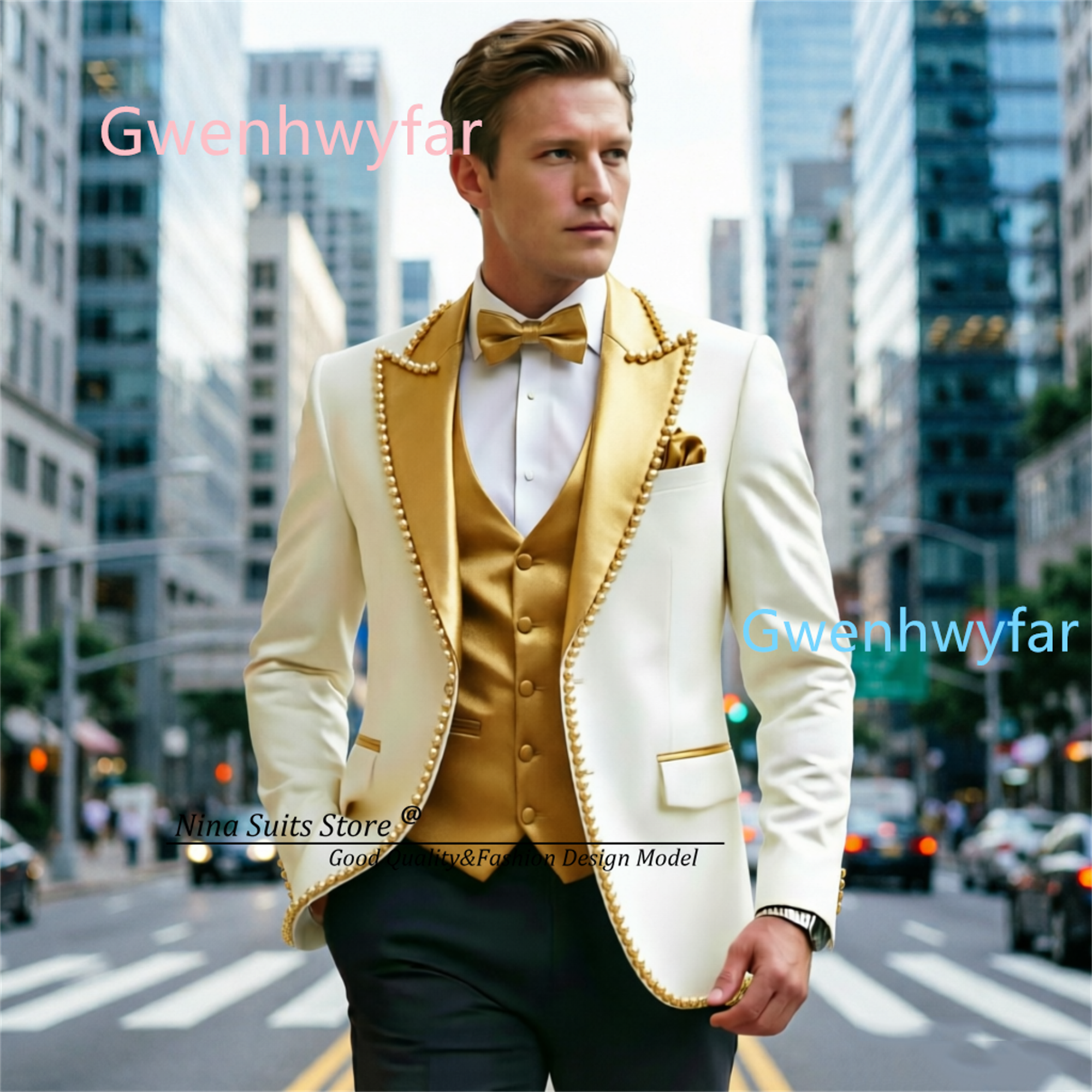 Gwenhwyfar Luxury Ivory Black  - Formal Vest Waistcoat ulasan dan harga