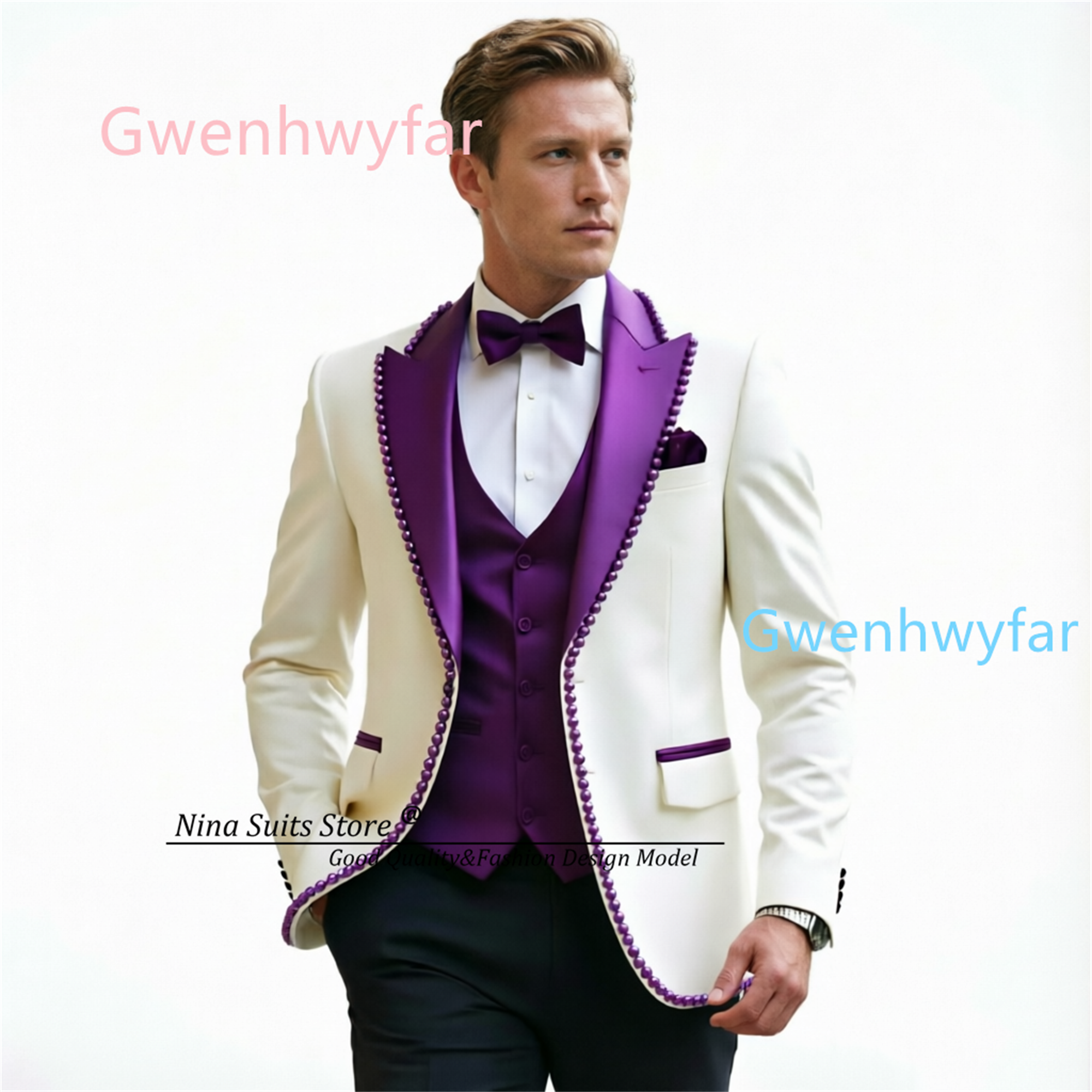 Gwenhwyfar Luxury Ivory Black  - Formal Vest Waistcoat ulasan dan harga