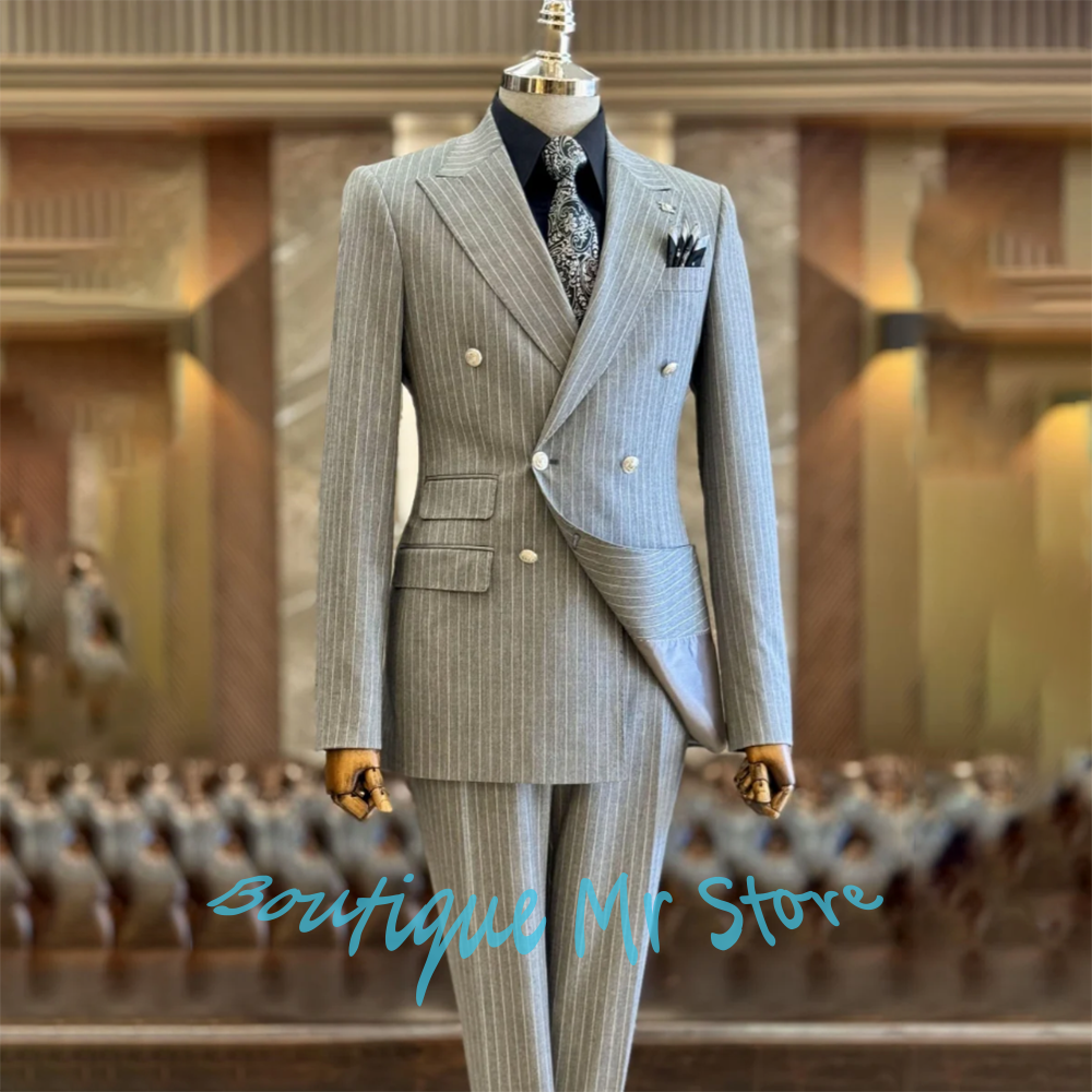 Light Gray Striped Woolen Men' - Men Formal Wear Look ulasan dan harga