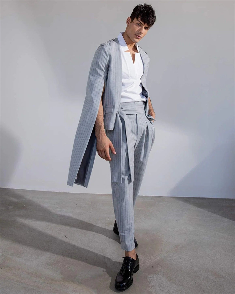 Pinstripe Grey Men Suit Set 2  - Men Formal Wear With Coat ulasan dan harga
