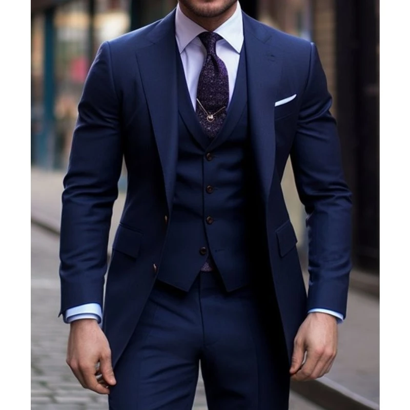Navy Blue 3 Pieces Casual Male - Men Formal Wear For Wedding ulasan dan harga