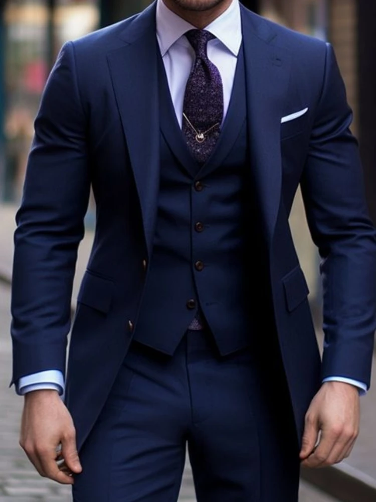 Navy Blue 3 Pieces Casual Male - Men Formal Wear For Wedding ulasan dan harga