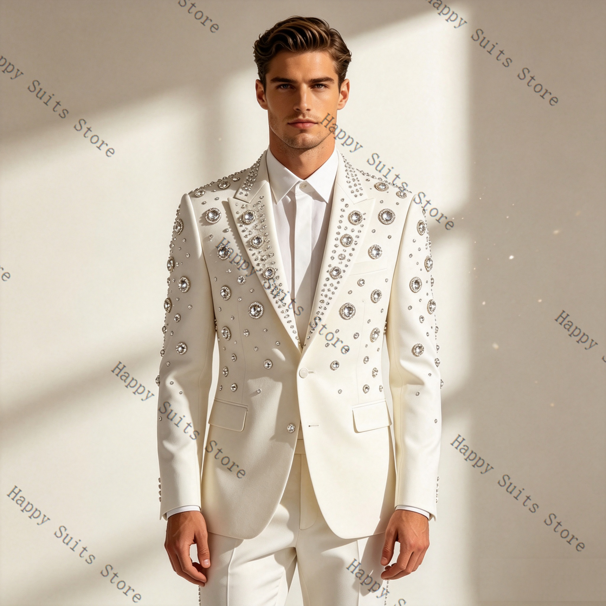 Crystals White Men Suit Set 2  - Men Formal Wear With Coat ulasan dan harga